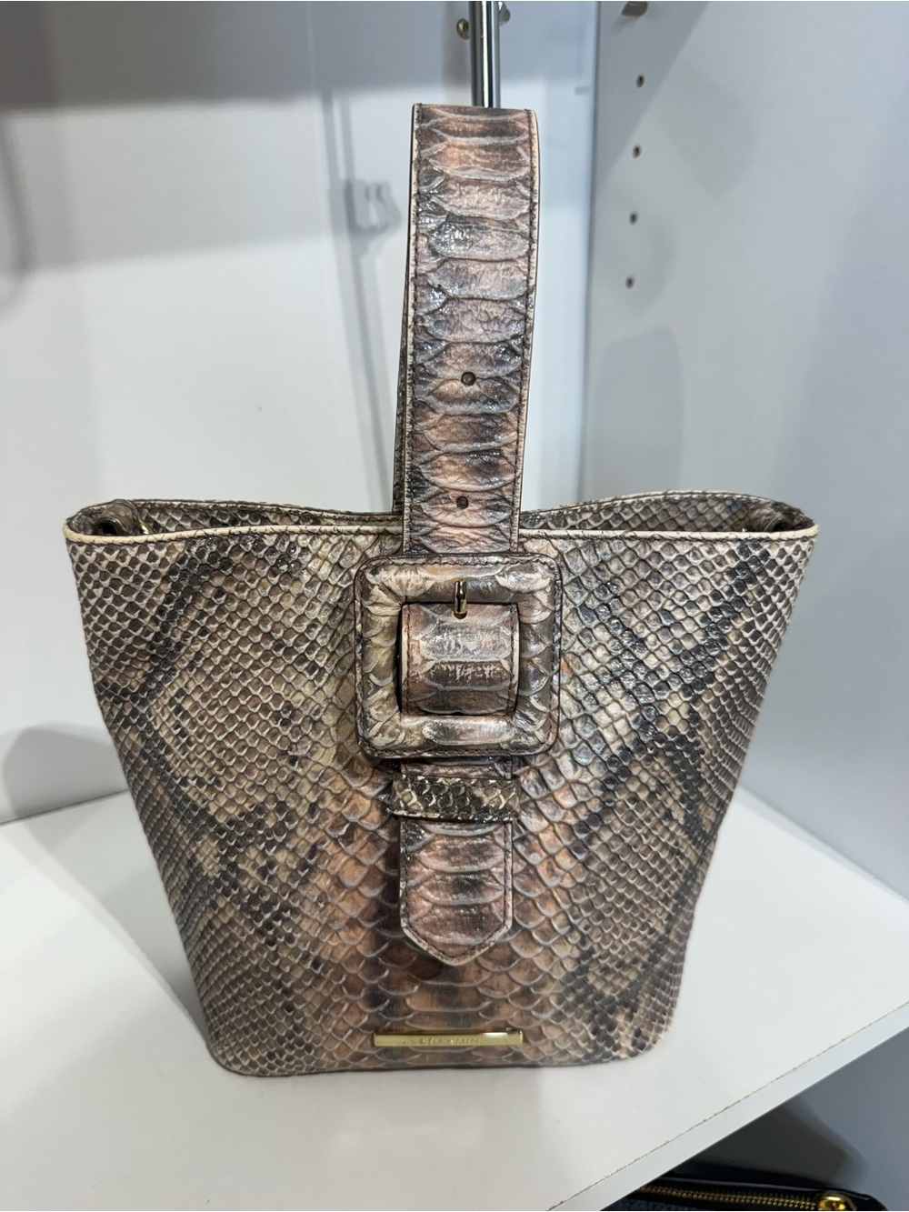 Brahmin Metallic Snake-Embossed Satchel in Bronze and Gray